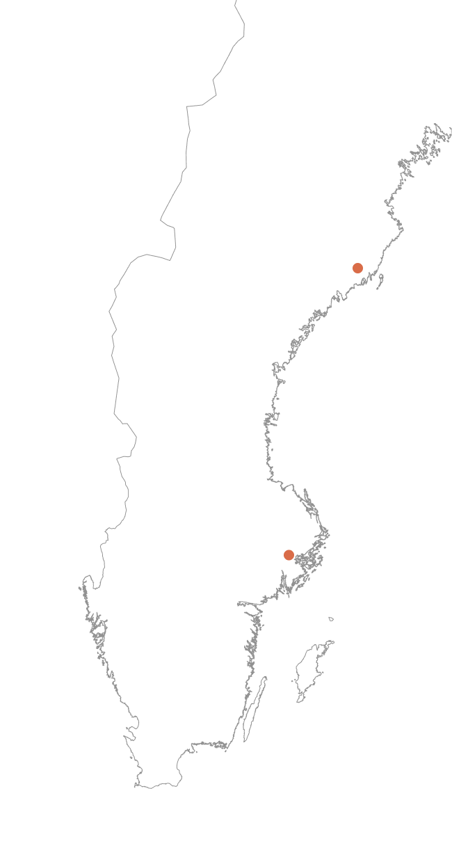 Sweden map with research locations in Umeå and Stockholm